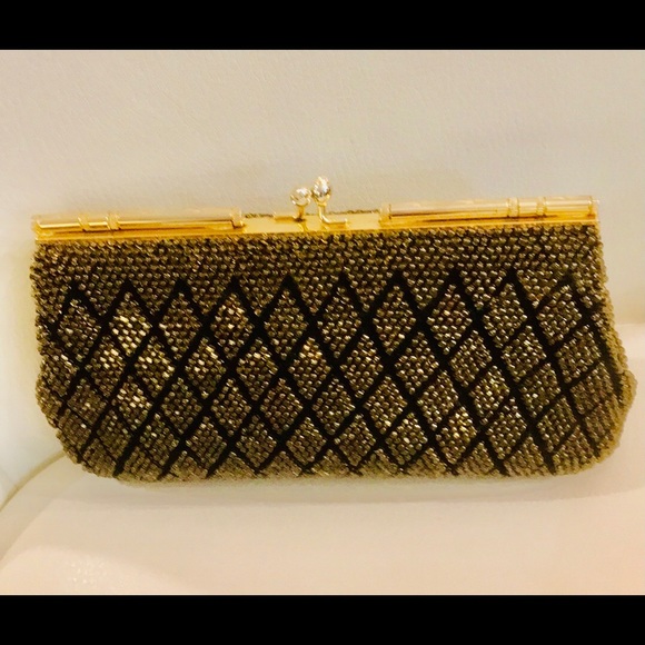 Shine bright w/ vintage gold beaded and black stitched evening purse/clutch - Picture 3 of 7